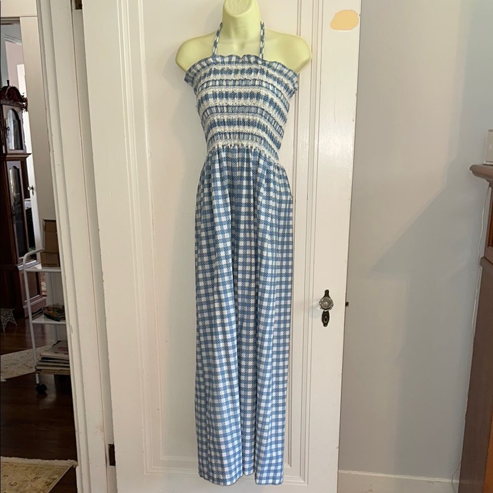 Vintage‎ 70s Teen Girl Blue and White Gingham Halter Smocked Bodice Maxi Dress